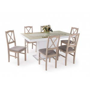 Rusztik fehér asztal + sonoma tölgy üveglap + sonoma tölgy szék